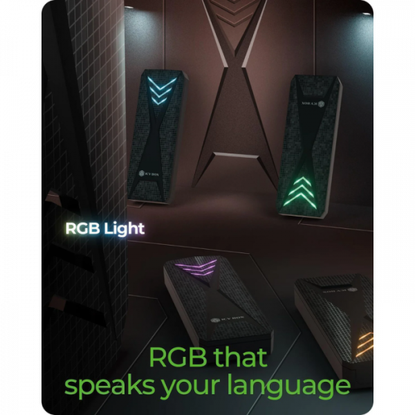 IcyBox E0019272 ohišje za M.2 NVMe SSD z vmesnikom USB-C 3.2 Gen 2 in RGB lučmi