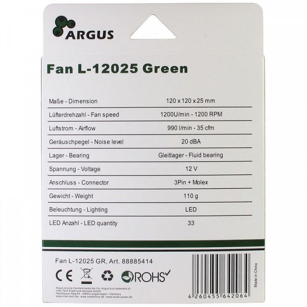 INTER-TECH Argus L-12025 GR zelen LED 120mm ventilator