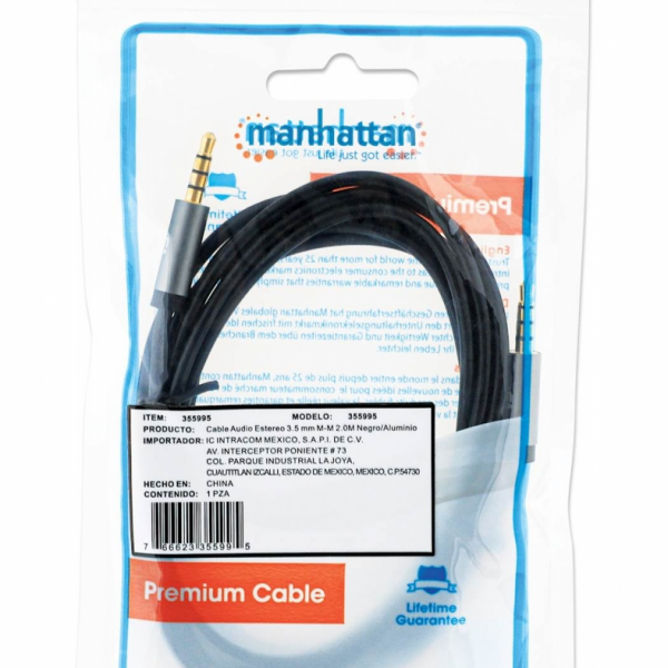 Kabel 3,5 mm Stereo moški/moški MANHATTAN, 3 m, črno/srebrna