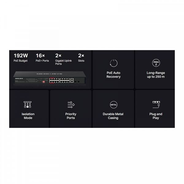 MERCUSYS MS120GP 20-port Gigabit (16x PoE+) RJ45 mrežno stikalo switch