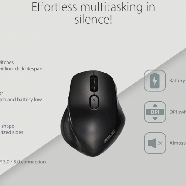 Miška ASUS MW203 Multi-Device Wireless Silent Mouse, tiha, brezžična, črna