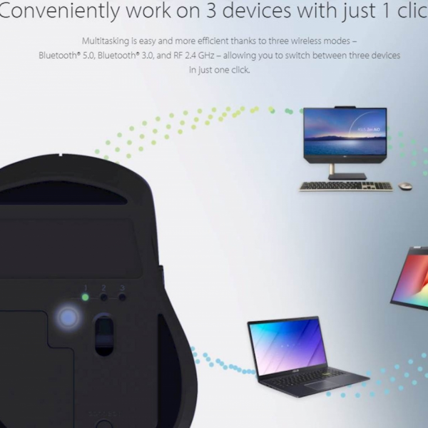 Miška ASUS MW203 Multi-Device Wireless Silent Mouse, tiha, brezžična, črna