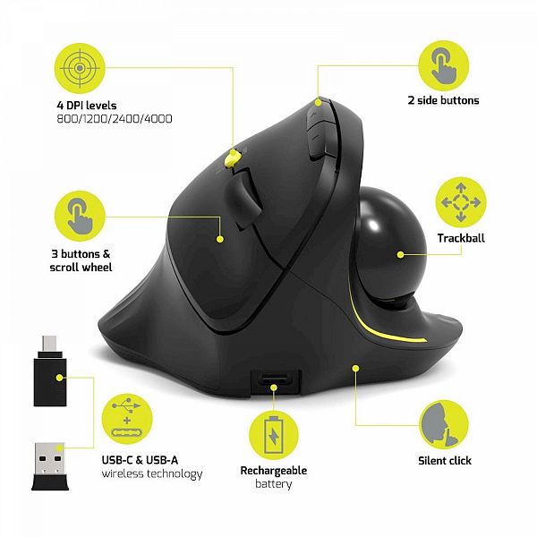 Miška PORT Trackball WL+BT, USB-A / C, polnilna, ergo, 5 gumbov, 4000dpi ergonomska