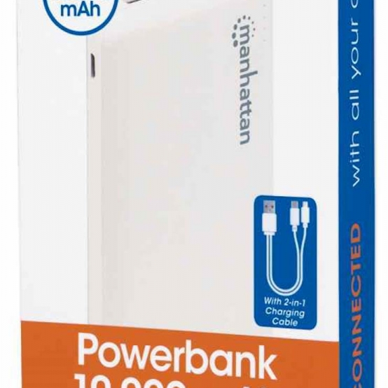 Prenosna baterija Powerbank 10.000 mAh MANHATTAN, 2xUSB-A (2,1A in 1A), 1xUSB-C in 1xMicro-USB (2A)