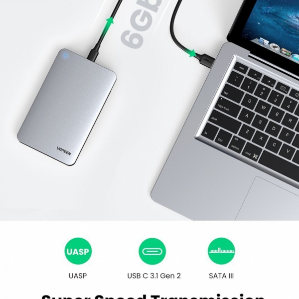 Ugreen 2.5'' SATA ohišje za disk srebrn + USB-C-USB-A kabel - box