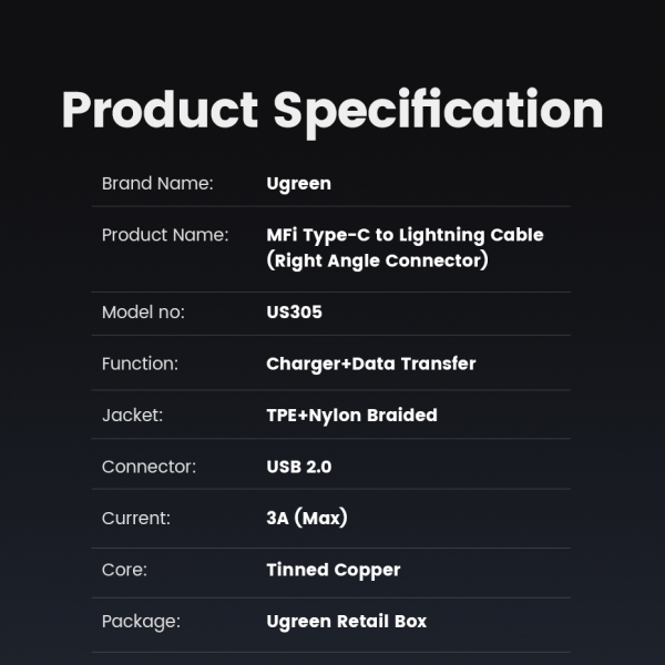 Ugreen MFI kotni kabel USB-C na Lightning 1,5m - box