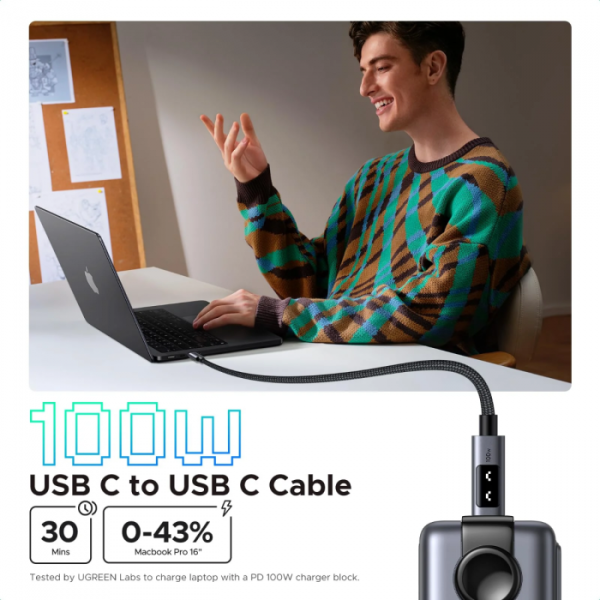 Ugreen Uno USB-C na USB-C polnilni kabel 100W, 1M