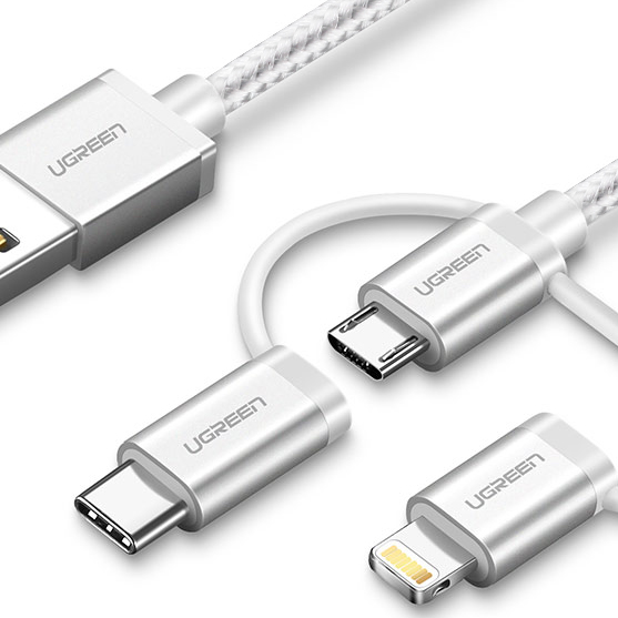 Ugreen USB 2.0 na Micro USB+Lightning+Type C (3 v 1) podatkovni kabel pleten 1,5m