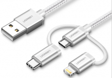 Ugreen USB 2.0 na Micro USB+Lightning+Type C (3 v 1) podatkovni kabel pleten 1m - box
