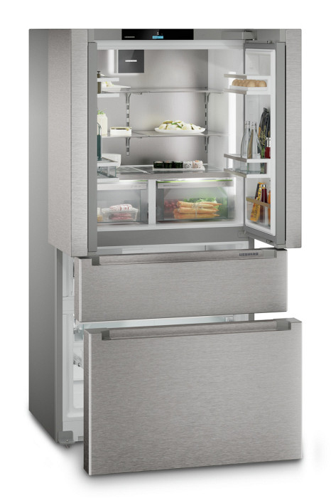 Hladilnik z zamrzovalnikom s francoskimi vrati z 2 zamrzovalnima predaloma ter napravama IceMaker in InfinitySpring