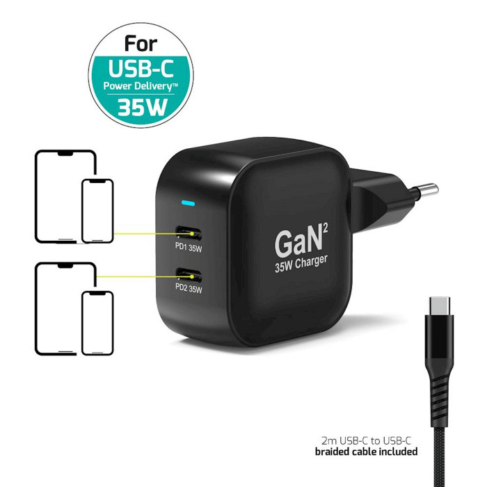 Napajalnik PORT Tip C PD 35W GaN + CtoC CABLE 2 M