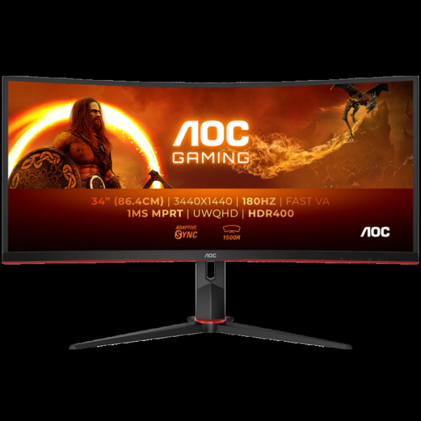 AOC Gaming CU34G2XP ukrivljen monitor - 86.4cm (34”), UWQHD (3440 x 1440), Fast VA, 1500R, 180Hz, 1ms (GTG), Freesync Premium, HDR400, 2x HDMI 2.0, 2x DP 1.4