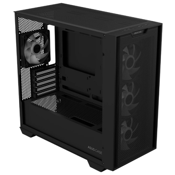 ASUS A21 PLUS microATX računalniško ohišje, kaljeno steklo, štirje 120mm ARGB ventilatorji, podpora za BTF osnovne plošče, črno