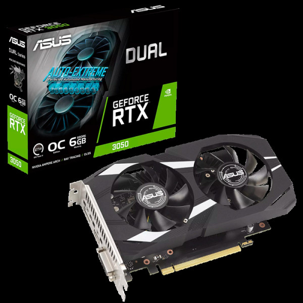 ASUS Dual GeForce RTX 3050 OC Edition 6GB GDDR6 grafična kartica with two powerful fans AAA gaming performance and ray tracing, PCIe 4.0, 1xDVI-D, 1xHDMI 2.1, 1xDisplayPort 1.4a