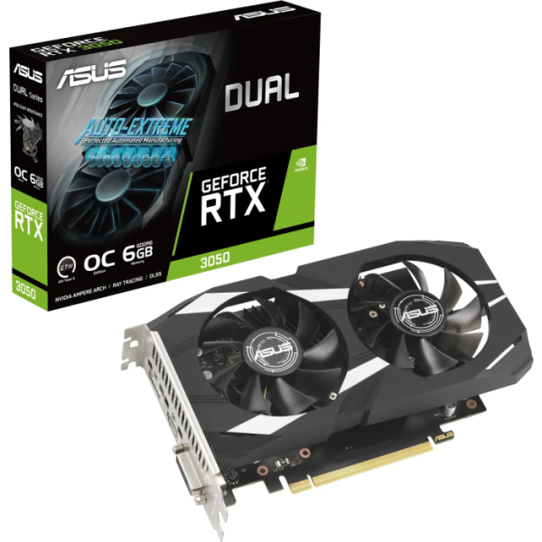 ASUS Dual GeForce RTX 3050 OC Edition 6GB GDDR6 grafična kartica with two powerful fans AAA gaming performance and ray tracing, PCIe 4.0, 1xDVI-D, 1xHDMI 2.1, 1xDisplayPort 1.4a