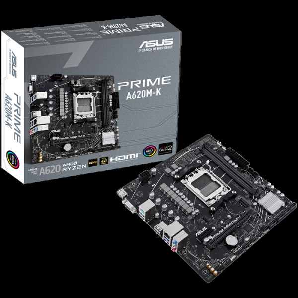 ASUS PRIME A620M-K AM5 mATX matična plošča - AMD A620 2xDIMM DDR5 1xM.2 4xSATA PCIe 4.0 1Gb Ethernet 1xD-SUB 1xHDMI Aura Sync RGB Osvetlitev