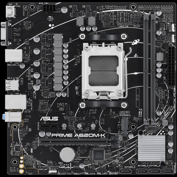 ASUS PRIME A620M-K AM5 mATX matična plošča - AMD A620 2xDIMM DDR5 1xM.2 4xSATA PCIe 4.0 1Gb Ethernet 1xD-SUB 1xHDMI Aura Sync RGB Osvetlitev