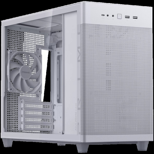ASUS Prime AP201 Tempered Glass MicroATX Case White - stylish 33-liter MicroATX case with tool-free side panels, with support for 360 mm coolers, graphics cards up to 338 mm long, and standard ATX PSUs