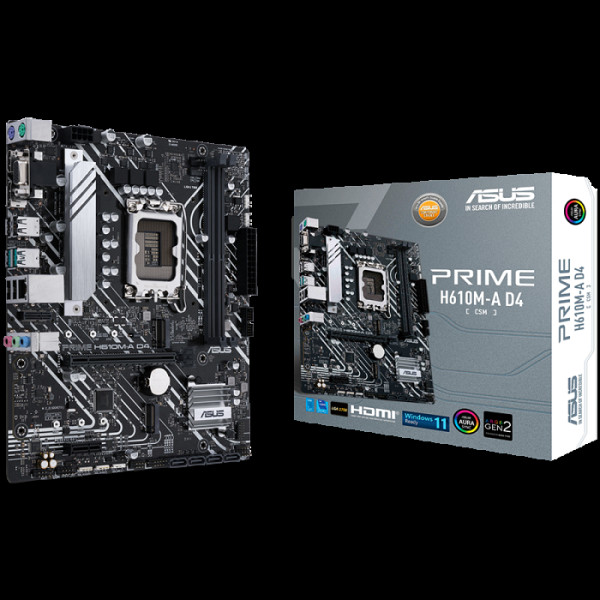 ASUS PRIME H610M-A D4-CSM LGA1700 mATX osnovna plošča - Intel H610, 2xDDR4, 2xM.2, 4xSATA, 1Gb LAN, 1xD-SUB(VGA), 1xDP, 1xHDMI, Aura Sync