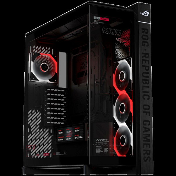 ASUS ROG Cronox GR801 ARGB EATX računalniško ohišje, kaljeno steklo, štirje ARGB ventilatorji, LCD zaslon, podpora za BTF, črno