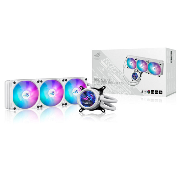 ASUS ROG Strix LC III 360 ARGB LCD White Edition vodno hlajenje za procesor, trije 120mm ROG ARGB ventilatorji, Aura Sync, belo