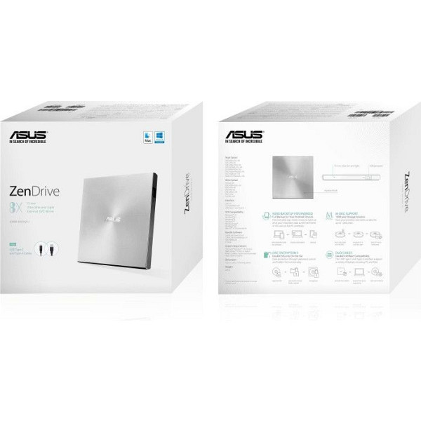 ASUS ZenDrive U9M Silver - ultra-tanko prenosno 8X DVD zapisovalec z M-DISC podporo za doživljenjsko varnostno kopiranje podatkov, združljivo z USB Type-C in Type-A za Windows in Mac OS