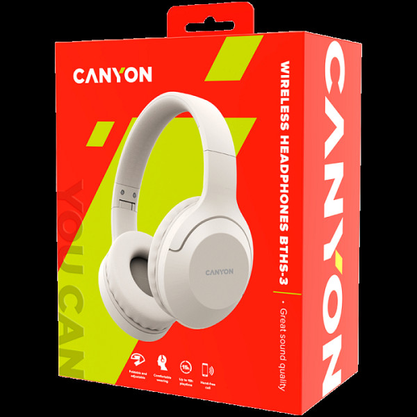 CANYON BTHS-3, Bluetooth slušalke s mikrofonom, BT V5.1 JL6956, baterija 300 mAh, priključek za polnjenje Type-C, bež barva.