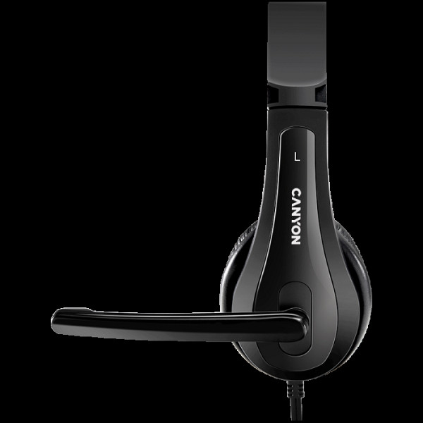 CANYON CHSU-1, slušalke z mikrofonom, USB priključkom, usnjenimi blazinicami, ravnim kablom dolžine 2,0 m, 16060160 mm, 0,13 kg, črna.