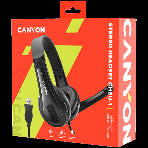 CANYON CHSU-1, slušalke z mikrofonom, USB priključkom, usnjenimi blazinicami, ravnim kablom dolžine 2,0 m, 16060160 mm, 0,13 kg, črna.