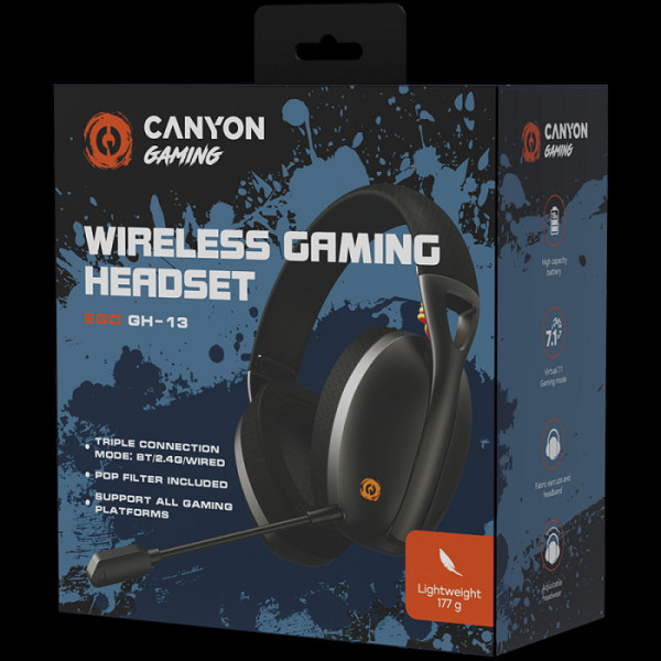 CANYON Ego GH-13, igralne brezžične slušalke s podporo za virtualni 7.1 zvok v 2,4G načinu, s čipsetom BK3288X, Bluetooth različica 5.2, kabel dolžine 1,8 m, velikost: 198x184x79mm, črne barve