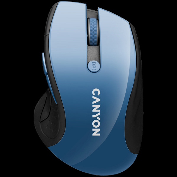 CANYON MW-01, brezžična miška 2,4 GHz s 6 gumbi, optično sledenje - modra LED, DPI 1000/1200/1600, črna sijoča perla, 113x71x39,5 mm, 0,07 kg.