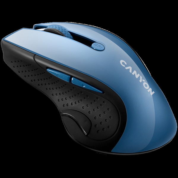 CANYON MW-01, brezžična miška 2,4 GHz s 6 gumbi, optično sledenje - modra LED, DPI 1000/1200/1600, črna sijoča perla, 113x71x39,5 mm, 0,07 kg.