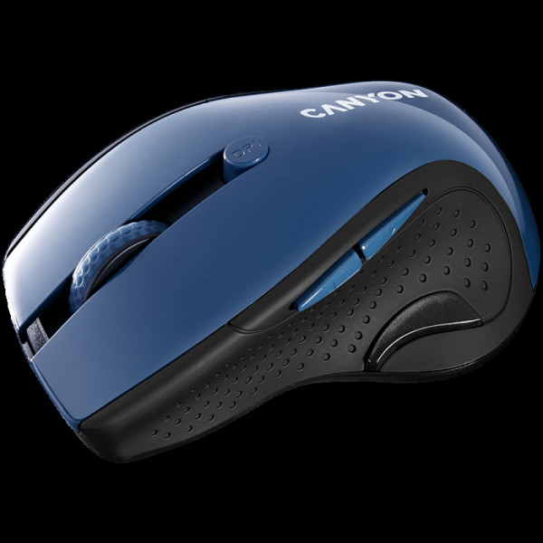 CANYON MW-01, brezžična miška 2,4 GHz s 6 gumbi, optično sledenje - modra LED, DPI 1000/1200/1600, črna sijoča perla, 113x71x39,5 mm, 0,07 kg.