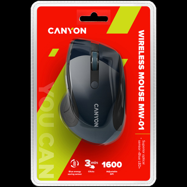 CANYON MW-01, brezžična miška 2,4 GHz s 6 gumbi, optično sledenje - modra LED, DPI 1000/1200/1600, črna sijoča perla, 113x71x39,5 mm, 0,07 kg.