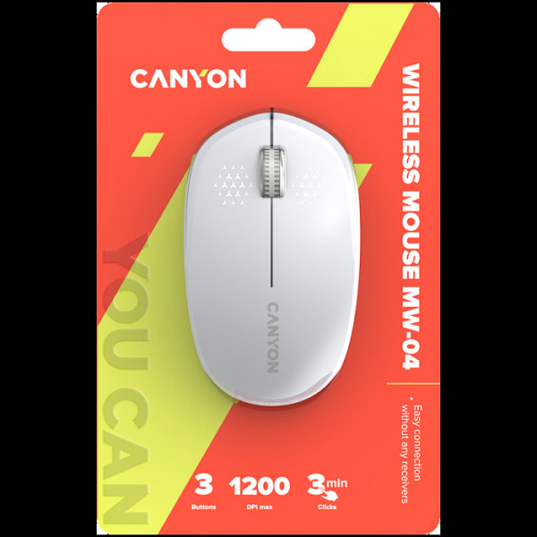 CANYON MW-04, brezžična Bluetooth optična miška s 3 gumbi, DPI 1200, z 1 AA baterijo Canyon Turbo Alkaline, bela