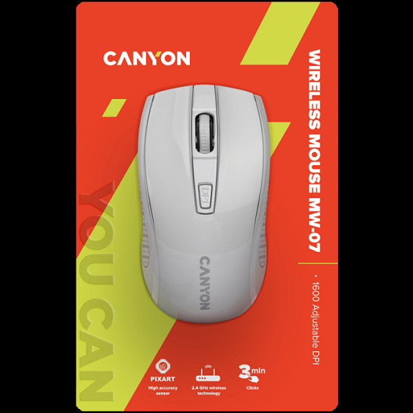 CANYON MW-7, 2.4 GHz brezžična miška, 6 gumbov, DPI 800/1200/1600, z 1 AA baterijo, velikost 1106037 mm, teža 58 g, bela