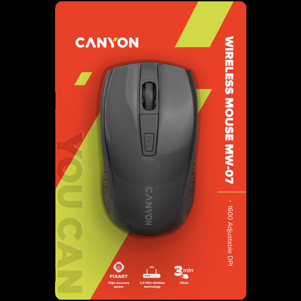 CANYON MW-7, brezžična miška 2,4 GHz, 6 gumbov, DPI 800/1200/1600, z 1 AA baterijo, velikost 1106037 mm, teža 58 g, črna.