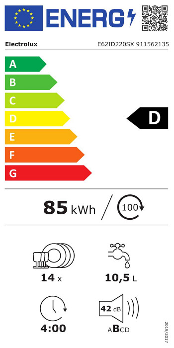 Delno vgradni pomivalni stroj Electrolux E62ID220S, 60 cm