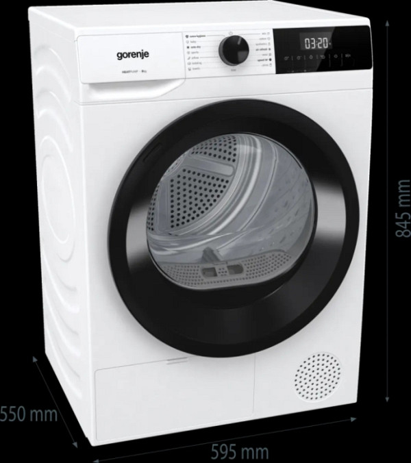 Gorenje sušilni stroj DHNE82 8Kg, G200, D, AntiCrease, AirDry, bel