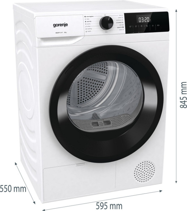 Gorenje sušilni stroj DHNE82 8Kg, G200, D, AntiCrease, AirDry, bel