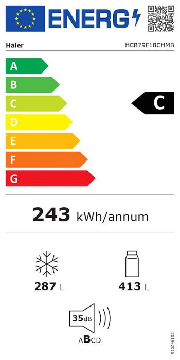 Hladilnik HAIER HCR79F18CHMB, 182,5 cm, C, 700 l, 4-vratni, Črna