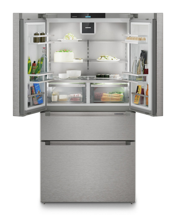 Hladilnik z zamrzovalnikom s francoskimi vrati z 2 zamrzovalnima predaloma ter napravama IceMaker in InfinitySpring