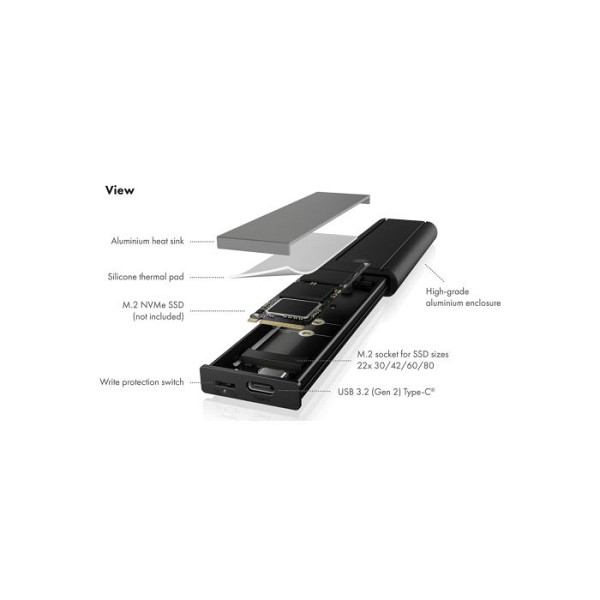 IcyBox IB-1807MT-C31 ohišje za 1x M.2 NVMe SSD z vmesnikom USB-C 3.2 in zaščito pred pisanjem