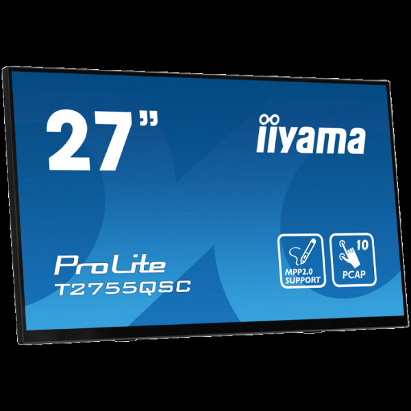 IIYAMA Monitor LED T2755QSC-B1  27” Optical Bonded PCAP 10pt IPS Edge to edge glass 2560 x 1440 @75Hz 400 cd/m² HDMI DP USB Hub Tilt angle	15° up; 70° down