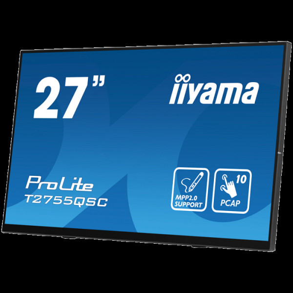 IIYAMA Monitor LED T2755QSC-B1  27” Optical Bonded PCAP 10pt IPS Edge to edge glass 2560 x 1440 @75Hz 400 cd/m² HDMI DP USB Hub Tilt angle	15° up; 70° down