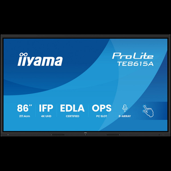 IIYAMA ProLite TE8615A-B2AG 86'' UHD IPS 3840x2160 550 cd 5000:1 8ms Android 14, 8/128GB, 40-Points, NFC, 2x HDMI, HDMI-out, LAN, WiFi6, DisplayPort, USB-C, Audio out: mini-jack and Optical Out, Landscape mode, Media Play USB Ports, Integrated iiWare