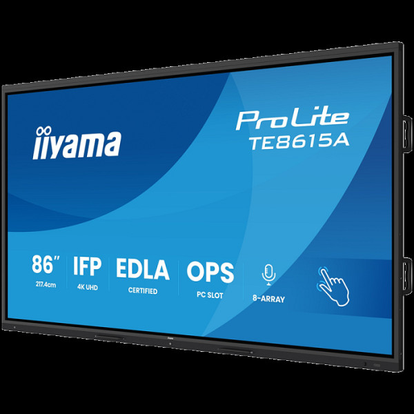 IIYAMA ProLite TE8615A-B2AG 86'' UHD IPS 3840x2160 550 cd 5000:1 8ms Android 14, 8/128GB, 40-Points, NFC, 2x HDMI, HDMI-out, LAN, WiFi6, DisplayPort, USB-C, Audio out: mini-jack and Optical Out, Landscape mode, Media Play USB Ports, Integrated iiWare