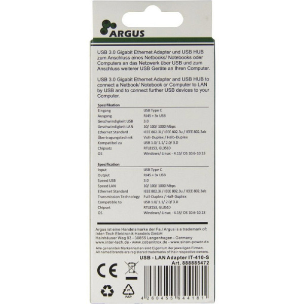 INTER-TECH Argus IT-410-S RJ45/3xUSB3.0-Type C LAN adapter