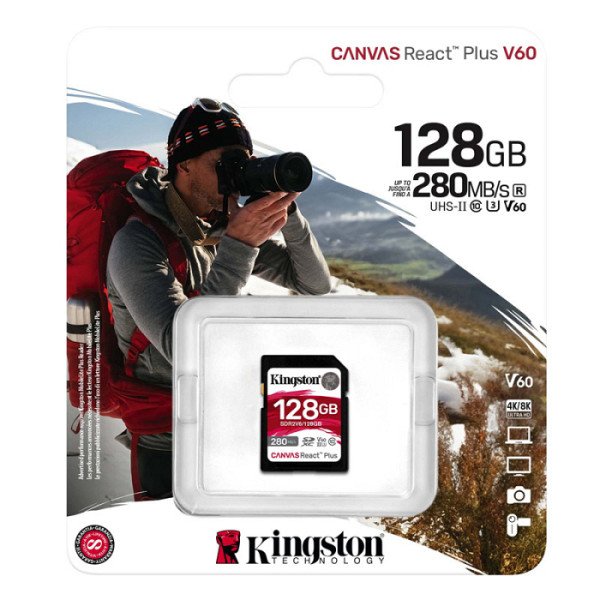KINGSTON Canvas React Plus V60 SD 128GB Class 10 UHS-II U3 V60 SDR2V6/128GB spominska kartica