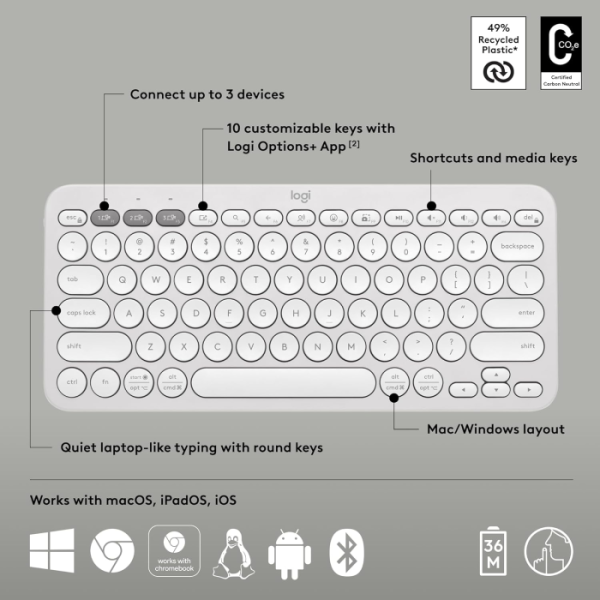 Tipkovnica Logitech Pebble Keys 2 K380s Multi-Device, bela, SLO g.